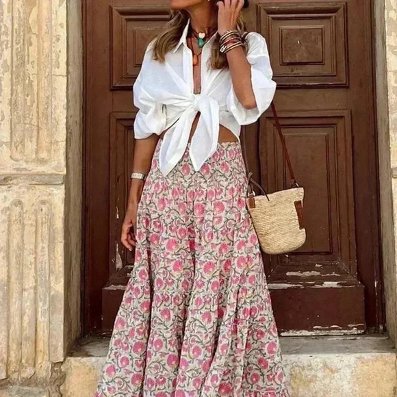 Pink Boho Women's Allover Print High Waist Wrap Around Wide Leg Pants - Picture 1 of 5